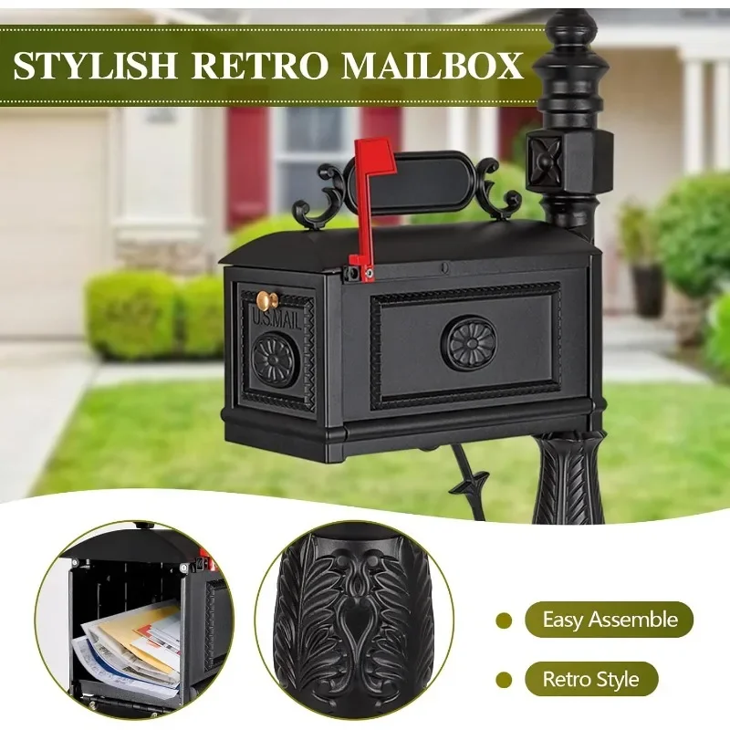 Polar Aurora Barcelona Decorative Post Mailbox Combination Stratford Heavy Duty Postal Mail Box Cast Aluminum(Black)