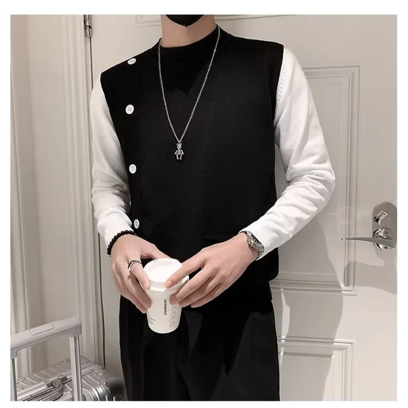 Fall Fake Two Pieces Contrasting Colors Pullover Sweater Streetwear Hip Hop Casual Outerwear Tops Men turtleneck Sweater