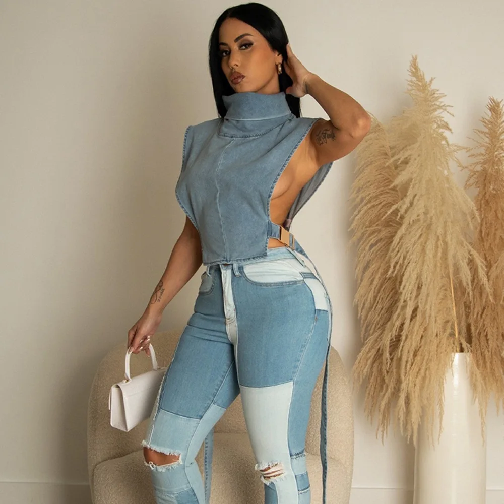 

Y2k Denim Blue Crop Top Women Cut Out Turtleneck Sexy Buckle Lace-up Stand Collar Jean Vest Sleeveless Hot Girls Wash T Shirt