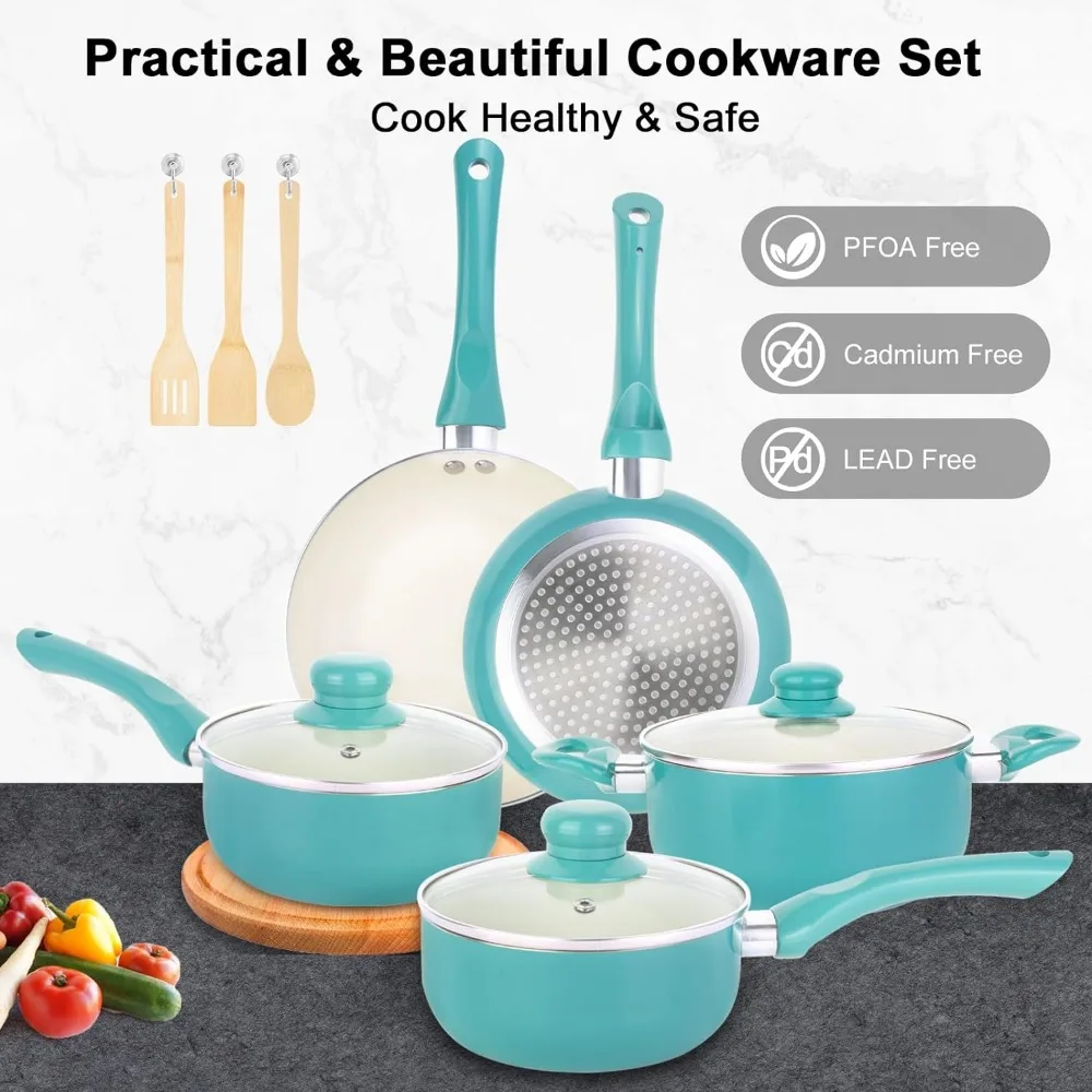 Pots and Pans Set Ultra Nonstick, Pre-assembled 7 Piece Ceramic Cookware  Sets, Non Toxic Pots and Pans, Stay Cool Handle & Bamboo Kitchen Utensils