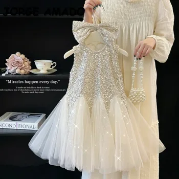 New Summer Kids Girl Party Dresses Children's Elegant Mesh Flare Sleeves Sequined Tank Top Round Collar Princess Skirt S3069 1