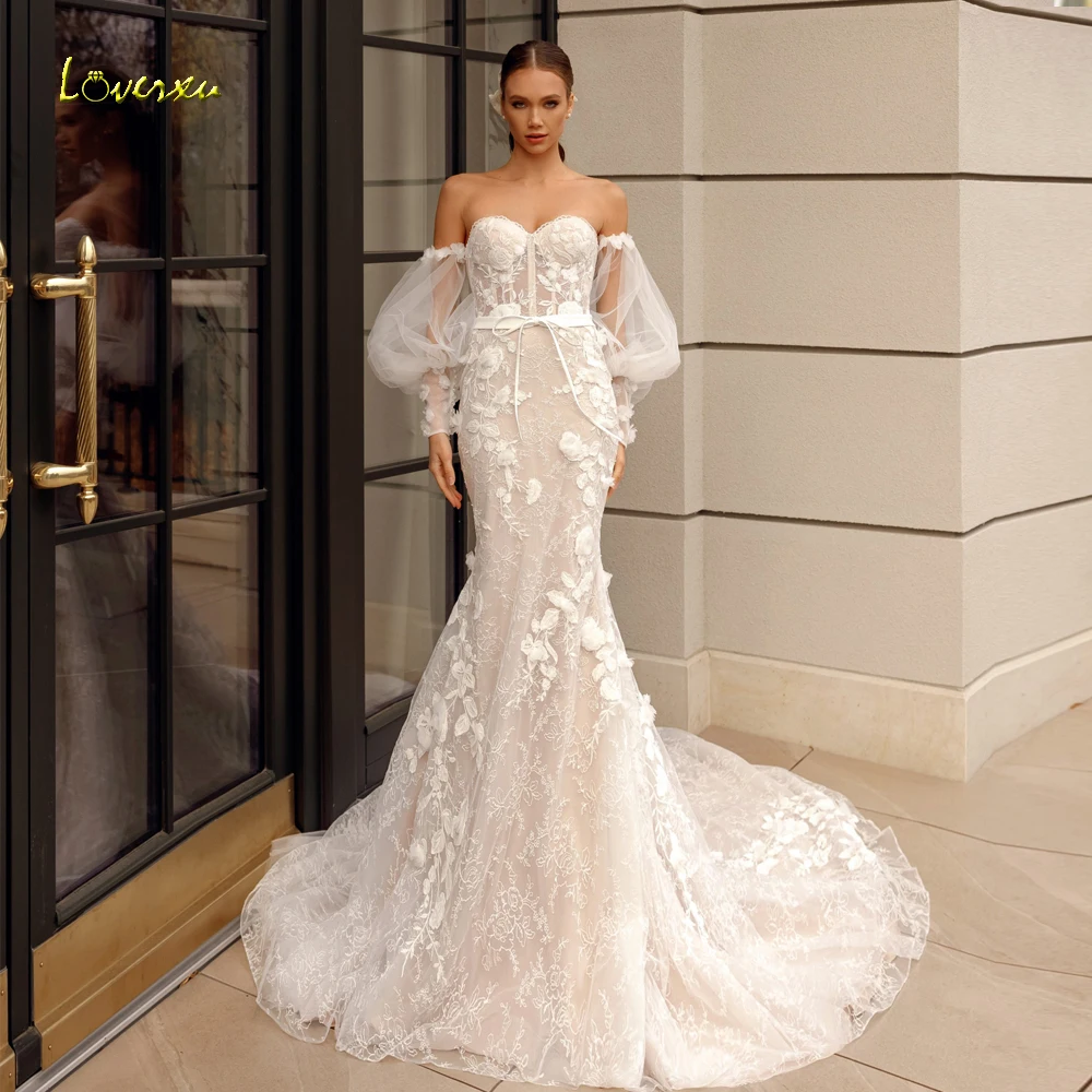 

Loverxu Mermaid Elegant Wedding Dresses 2024 Strapless Detachable Puff Sleeve Vestido De Novia Lace Applique Sexy Robe De Mariee