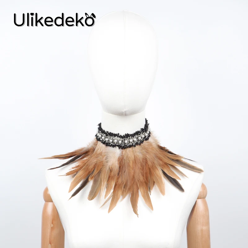 Fake Collar Choker Necklace Detachable Collar Shawl Gothic Feather Choker Collar Punk Cape Shawl Rave Party Halloween Witch Cosplay Feather Fake Collar Artificial Pearl Neck Cover