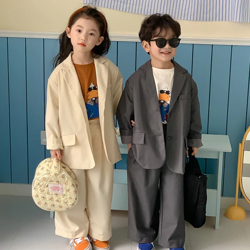 

Spring unisex children handsome suit set boys solid color coat and suit pants 2pcs outfits girls fashion clothes sets