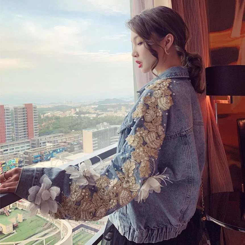 

Женская джинсовая куртка wq1557, однобортная верхняя одежда из денима с трехмерными цветами и вышивкой стразами, Прямая поставка