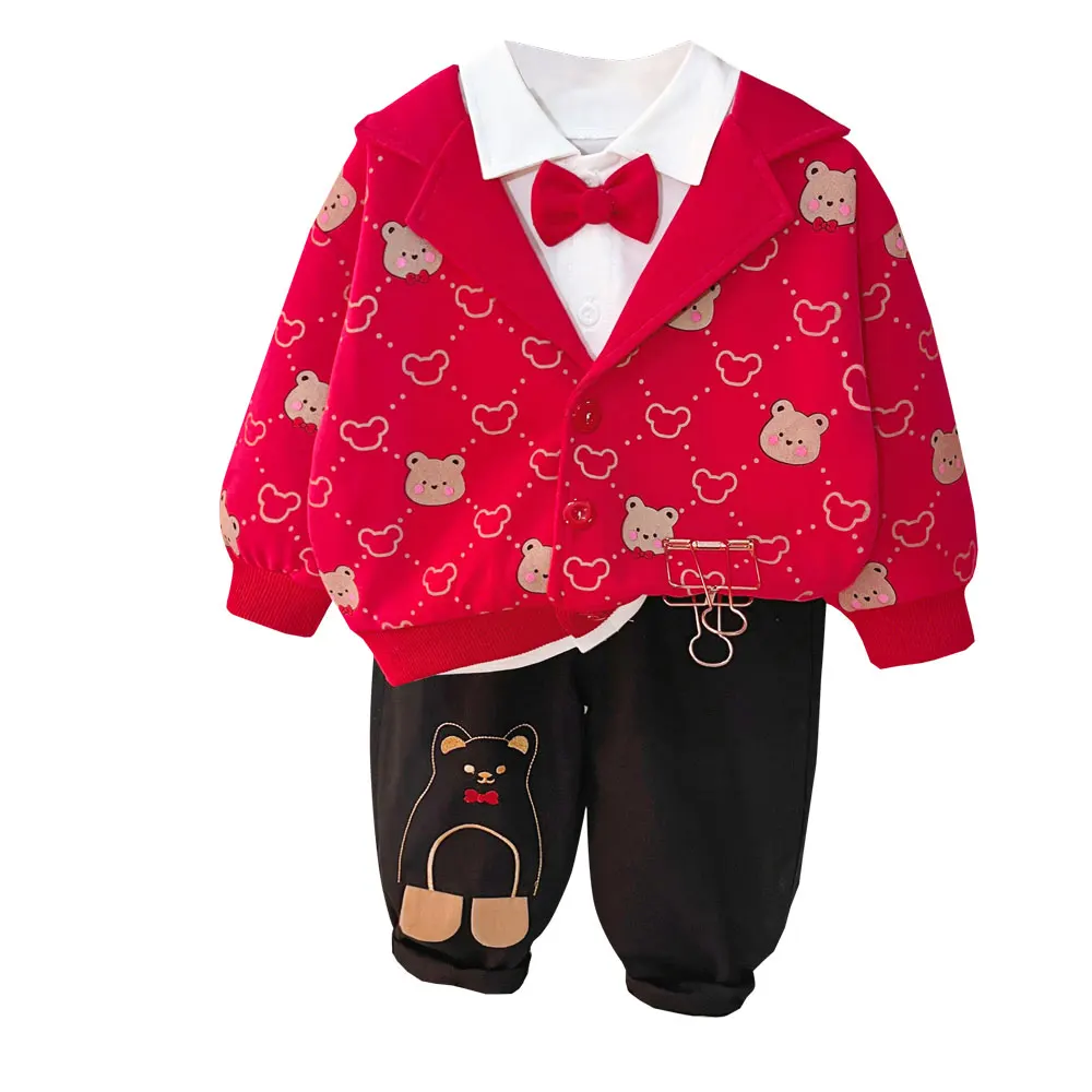 

2023 Spring Baby Boys Clothing Kids Cartoon Bear Coats T Shirt Pants 3 Pcs Suit Children Wear Infant Outfit Sets for 1-4 Years