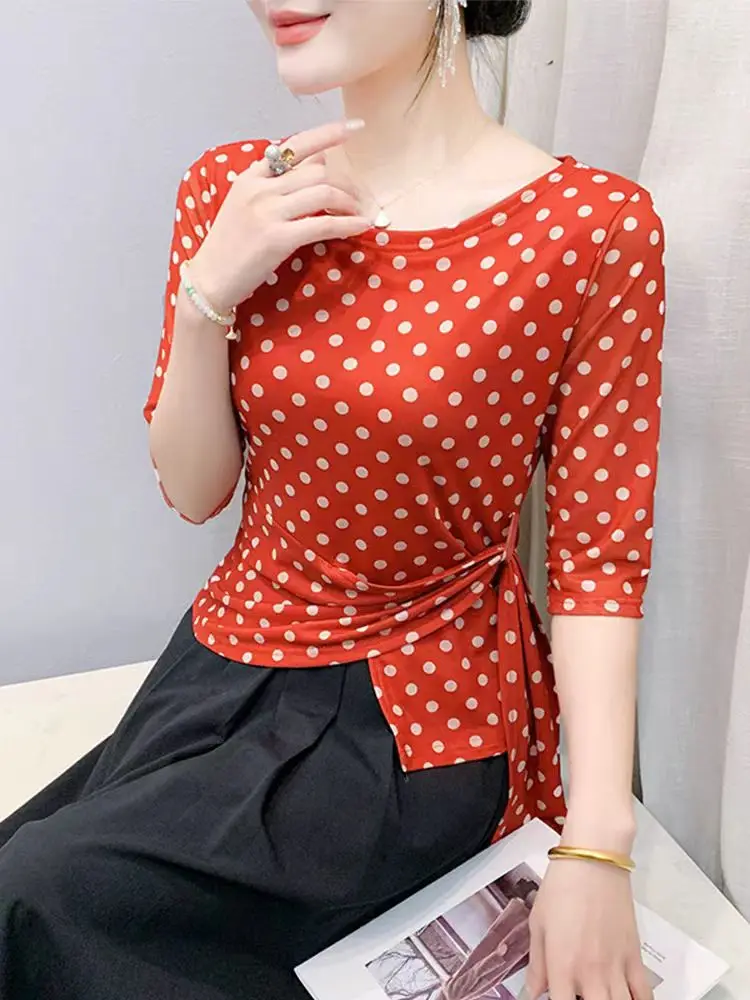 Summer Half Sleeve T-shirts Women Print Polka Dots Mesh Tops Girl Irregular Sweet Tshirt 3