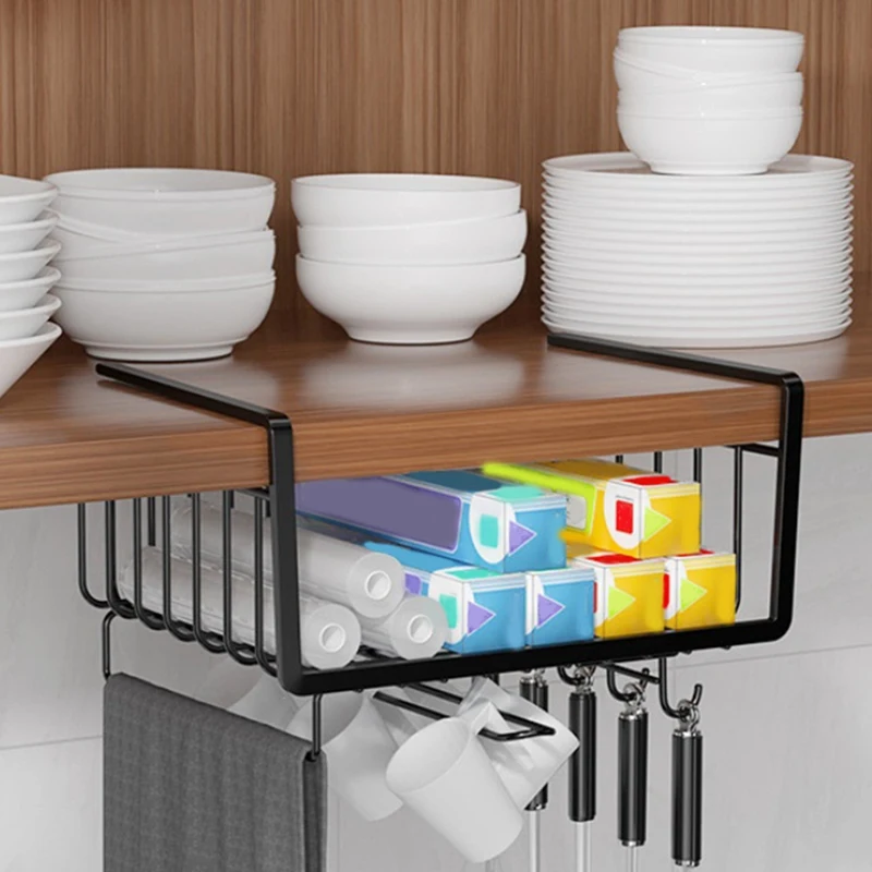 Multifunction Kitchen Under Cabinet Hanging Storage Basket Spice Rack  Organizer with Cup Utensils Roll Holder Metal