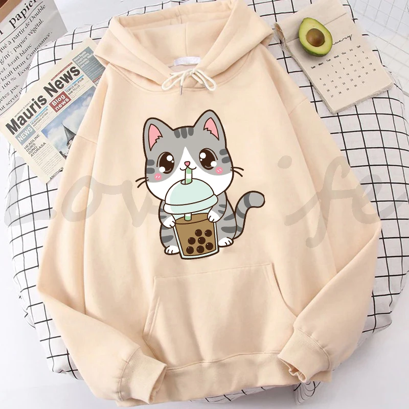 thumbnail image 1 of Suéteres con dibujos de gatos bonitos, sudaderas con capucha de té Boba para niñas, sudaderas con capucha de manga larga a la moda para mujer, ropa de calle femenina, 1 of 4