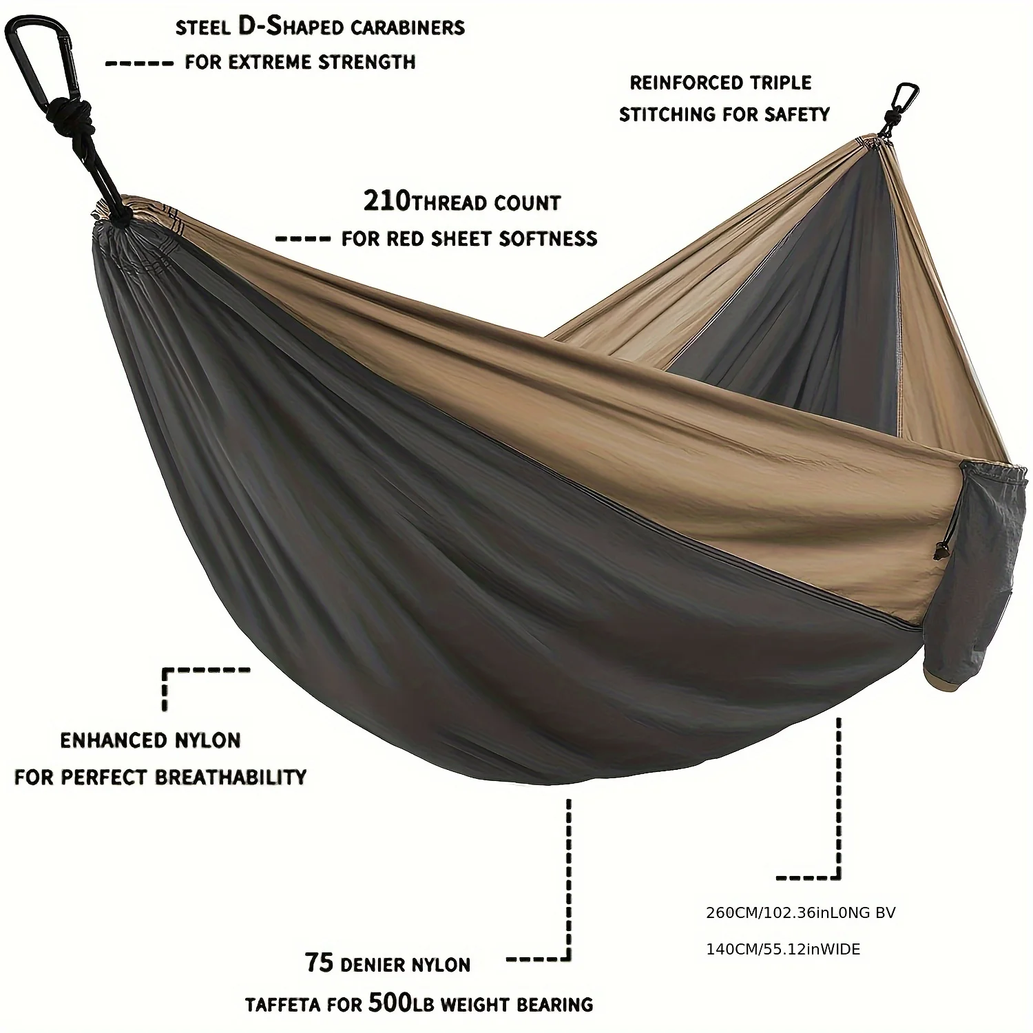 Premium Double Camping Hammock with Tree Straps & Carabiners 5