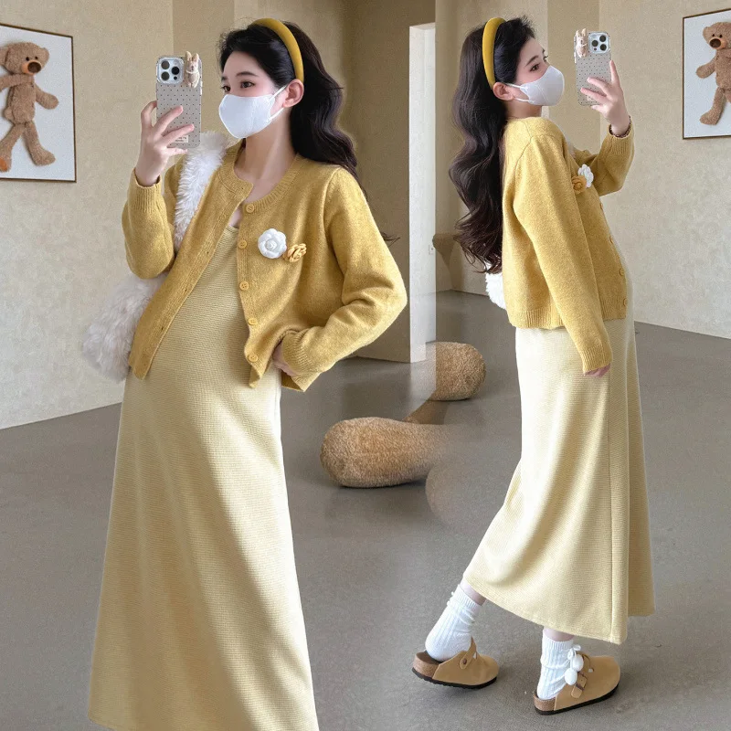 출산 세트 봄 가을 프랑스 스타일 부드러운 꽃무늬 스웨터 코트와 조끼 드레스 투피스 세트 임신 중에도 부드럽고 편안합니다