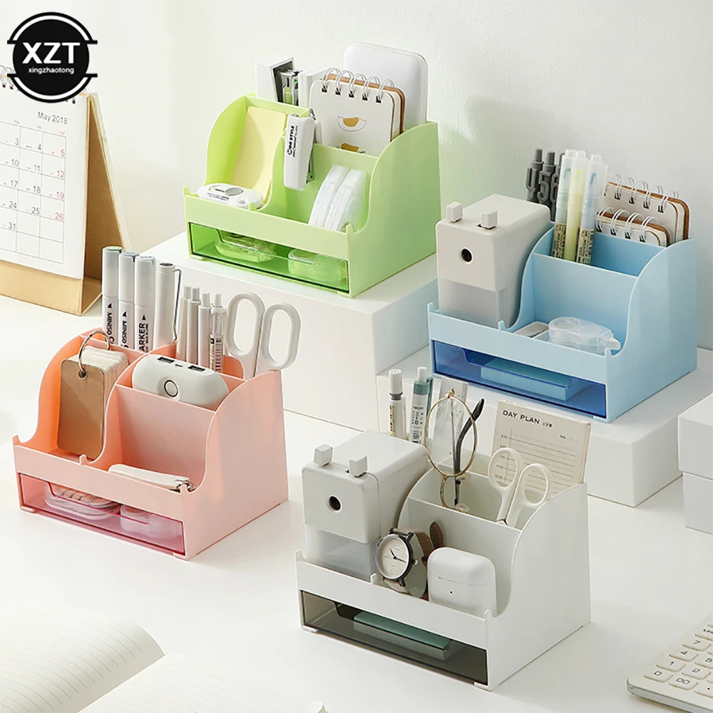 4 Color Desktop Organizer Large Capacity Desk Accessories Pen Holder With Drawer Pencil Storage Box School Office Stationery New
