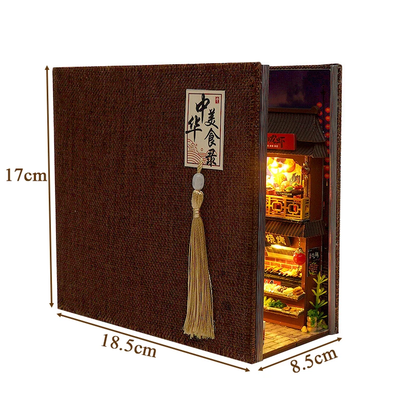 DIY Book Nook Wooden Miniature Model Kit Chinese Food Street Casa Bookend 3D Puzzle With Light Bookshelf Home Decor Friends Gift 6