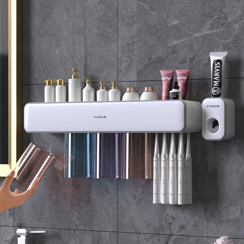Cmxio Toothbrush Holder Wall Mounted Storage Rack Automatic Toothpaste Squeezer