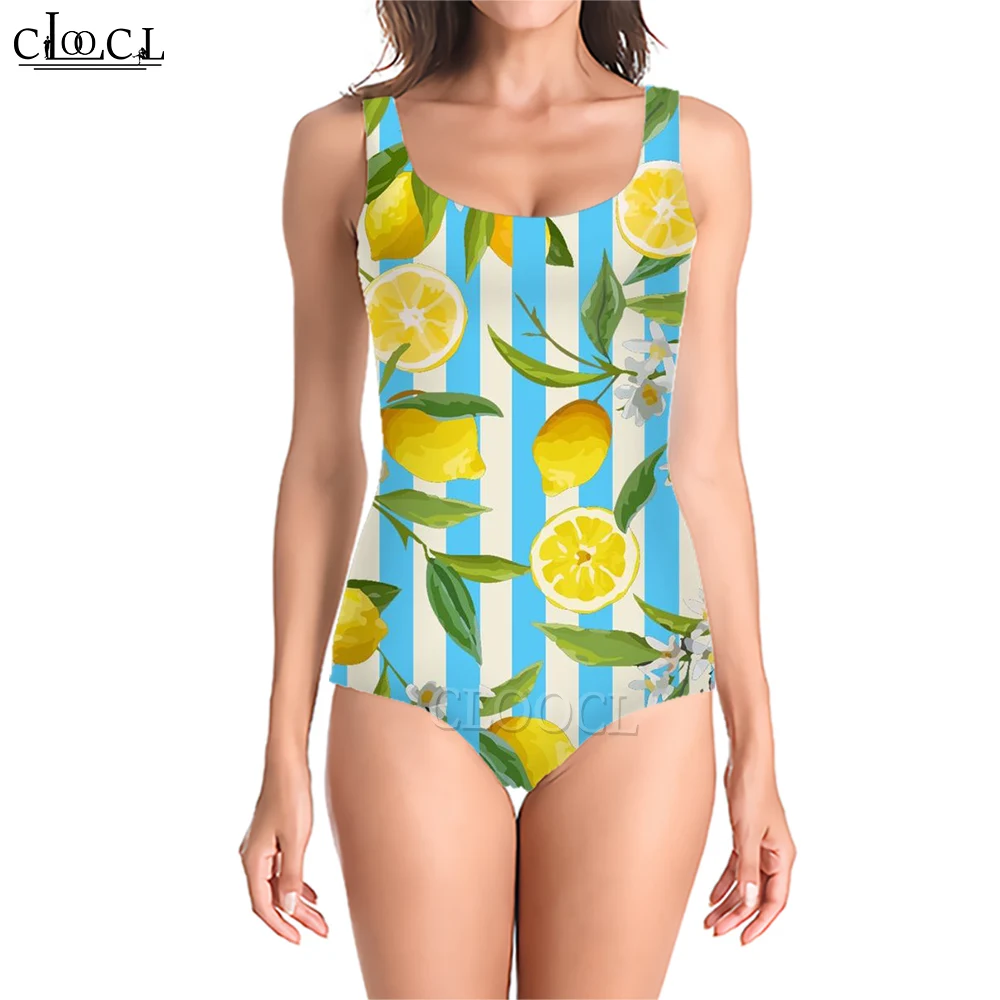 

CLOOCL Women Beach Swimsuit Vertical Stripes and Lemons Printed Sportswear Bathing Backless Harajuku Style Clothing Swimwear