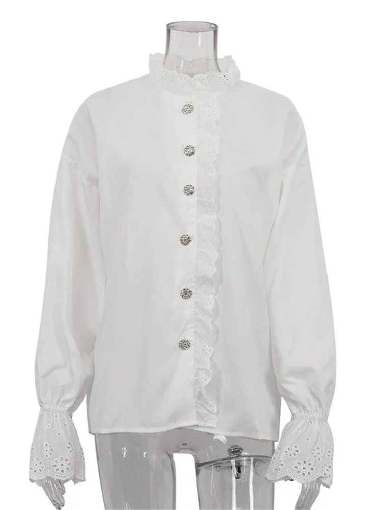 Female Glitter Ruffled Shirts Top Inner Patchwork Long Sleeve Casual Commute Clothes Hollow Out Elegant Women's Blouses