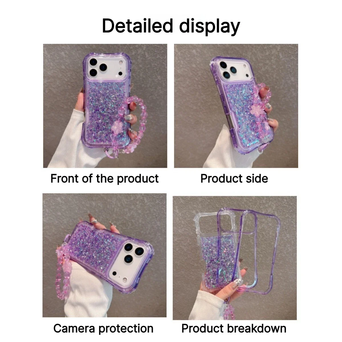 Luxury Bling Glitter Resin Chain Clear Phone Case with 3-Layer Protection and Lanyard