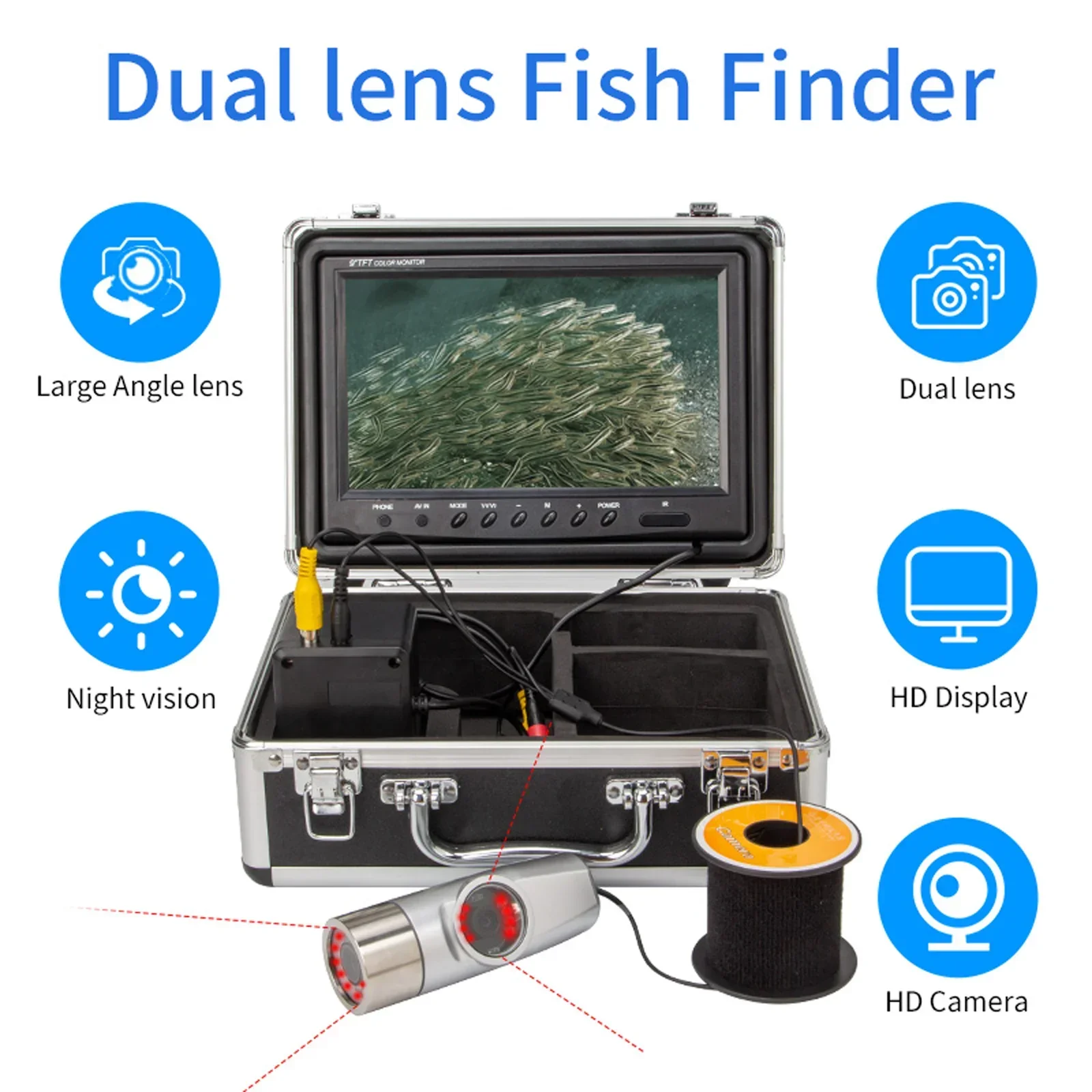 WF20 caméra double objectif écran 7 pouces sondeur poissons visuel HD grand angle sous-marine bateau pêche détecteur