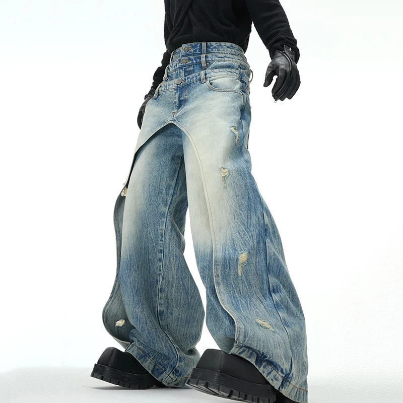 FEWQ Niche Design Men's Jeans Patchwork Layered Multi-wasit Worn-out Solid Color Wide Leg Straight Male Denim Pants 2025 24K1304 5