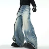 FEWQ Niche Design Men's Jeans Patchwork Layered Multi-wasit Worn-out Solid Color Wide Leg Straight Male Denim Pants 2025 24K1304 5