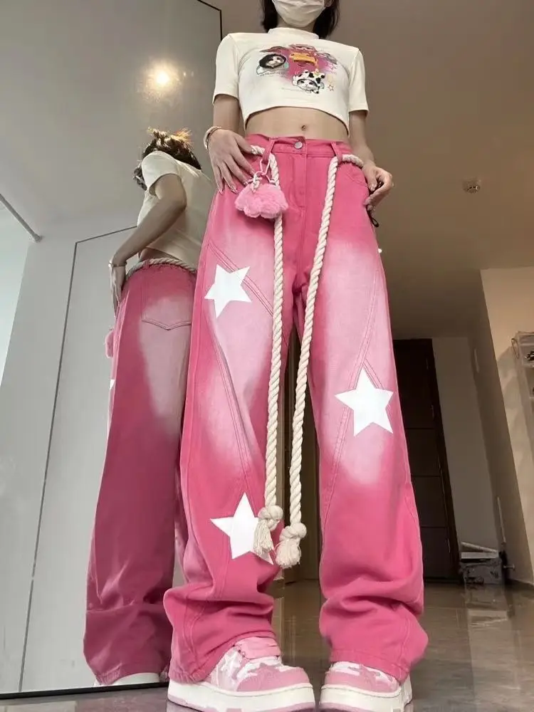 ADAgirl Baggy Pink Y2k Jeans Woman Harajuku Vintage Stars Print Drawstring High Waist Denim Trousers Hip Hop Korean Casual Pants