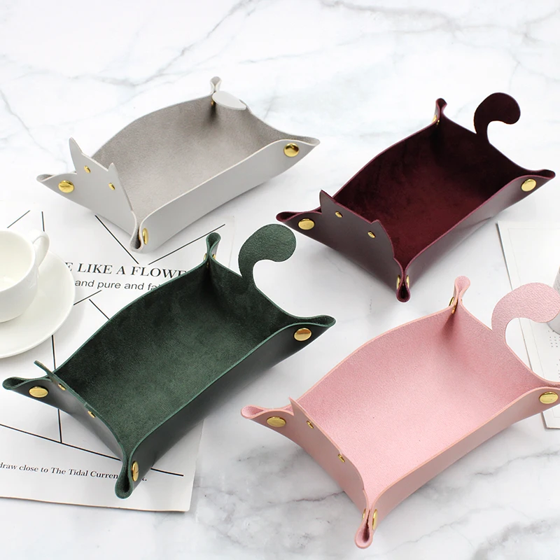 PU Leather Desktop Storage Tray, Stationery Storage Tray, Dice Rolling Cat Shaped, Square, Key Box