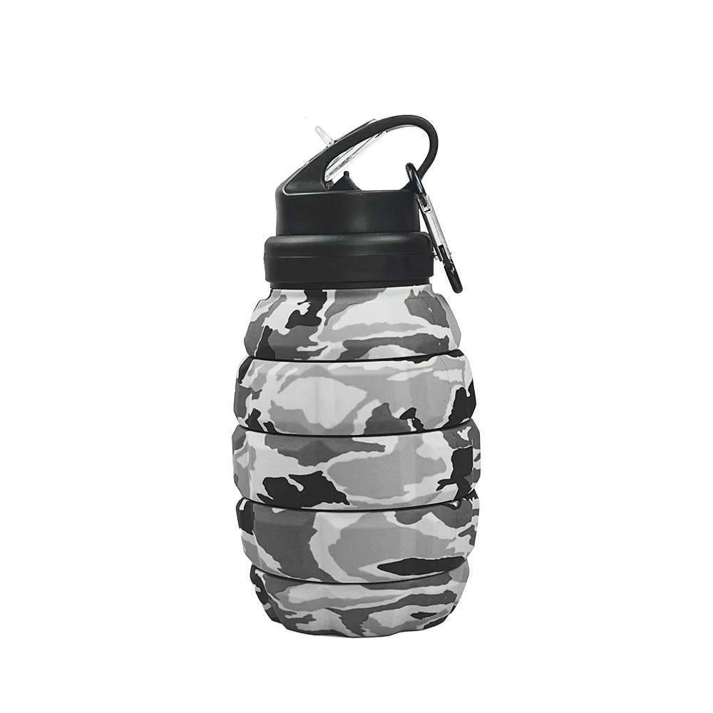 Rush New Foldable Grenade Water Bottle Food Grade Silicone Cycling Hiking Water  Bottle With Carabiner Drink Set Black 580ML S1629 