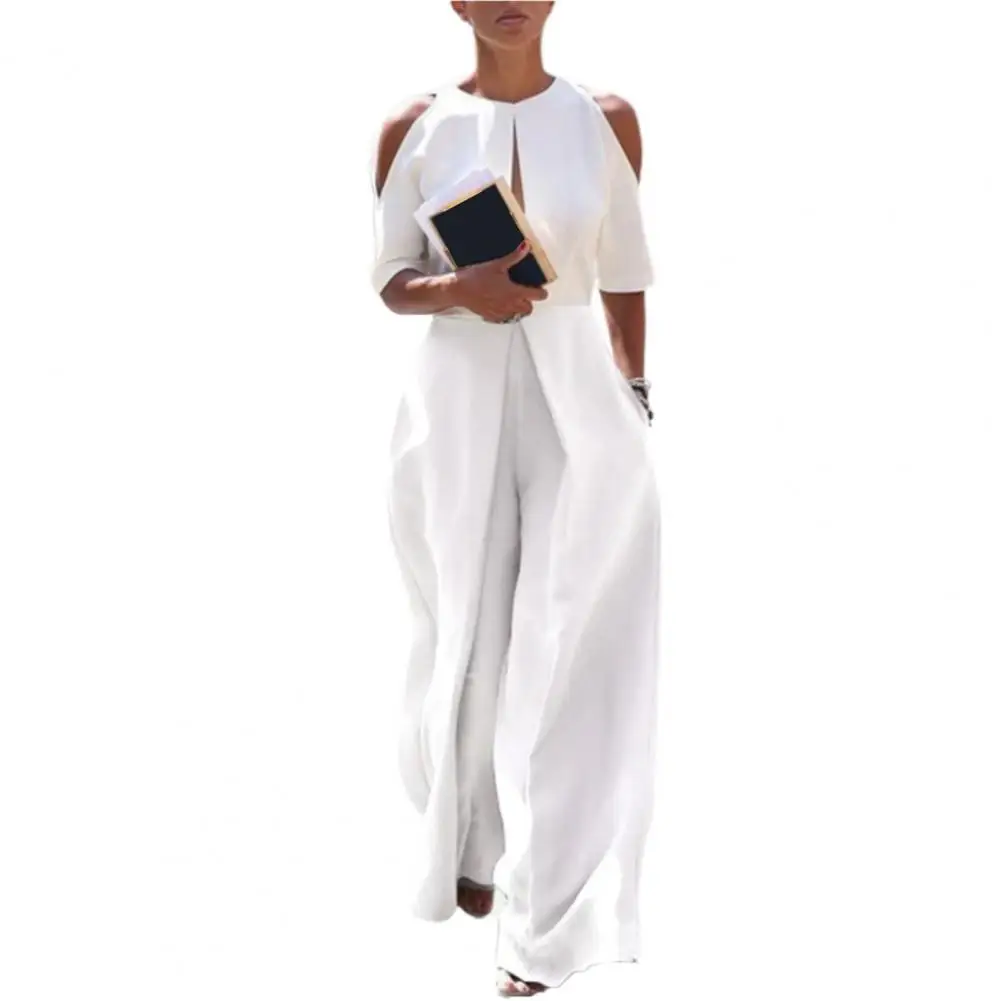 Casual Jumpsuit Loose Summer Jumpsuit High-Waist Cold Shoulder Half Sleeve Front Hollow Long Jumpsuit Stitching Pleated