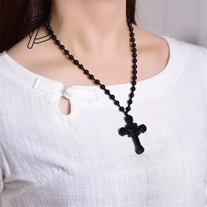 Pendentif Croix En Obsidienne Noire Naturelle Sculptée + Collier Perles - Chine