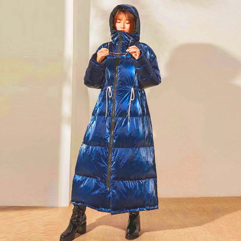 Autumn Winter Women Long Down jacket Large size Loose Hooded Female Outwear Thick warm 90% White duck down coat Chic INKEO 9O099