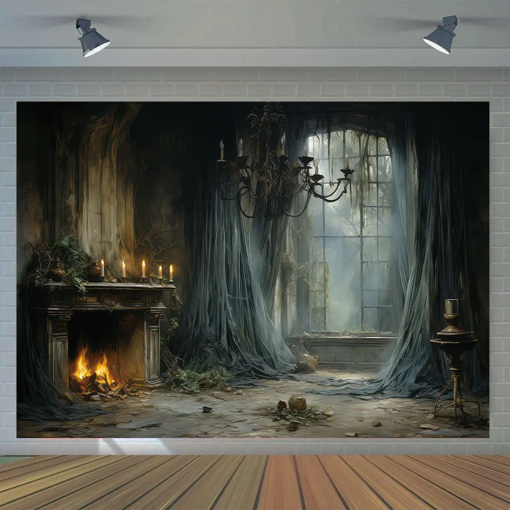 Área De Fotos De Halloween Con Chimenea, Silla Y Objetos Con Símbolos Idea Decoración Antecedentes 196455187