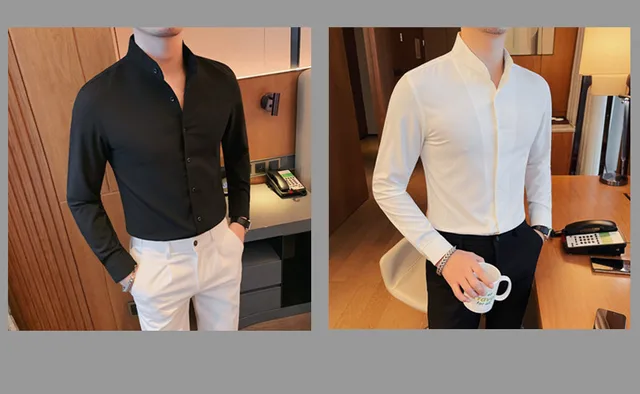 Camicia Uomo Elegante Maniche Lunghe - Colletto Coreano, Tasca, Business E Casual - Foto 12