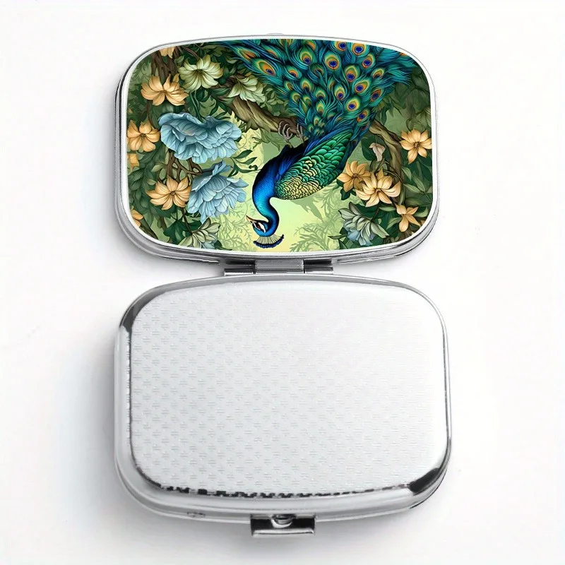 Tropical Style 2-Grid Peacock Pattern Pill Box Stylish Portable Pill Box Perfect for Pocket or Purse Durable Vitamin Storage Box