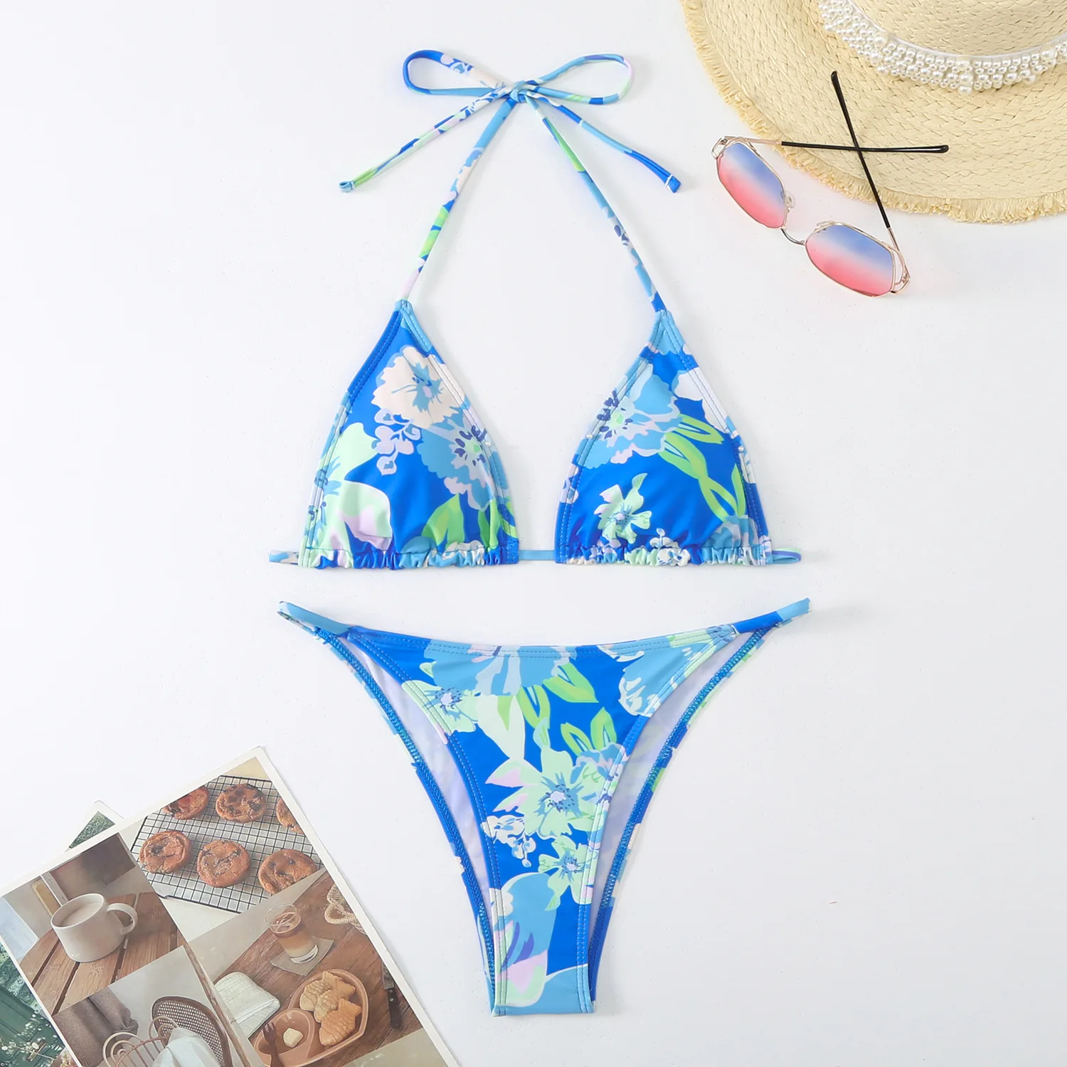 GORGLITTER Bikini da donna con fiori a triangolo, bikini a vita alta