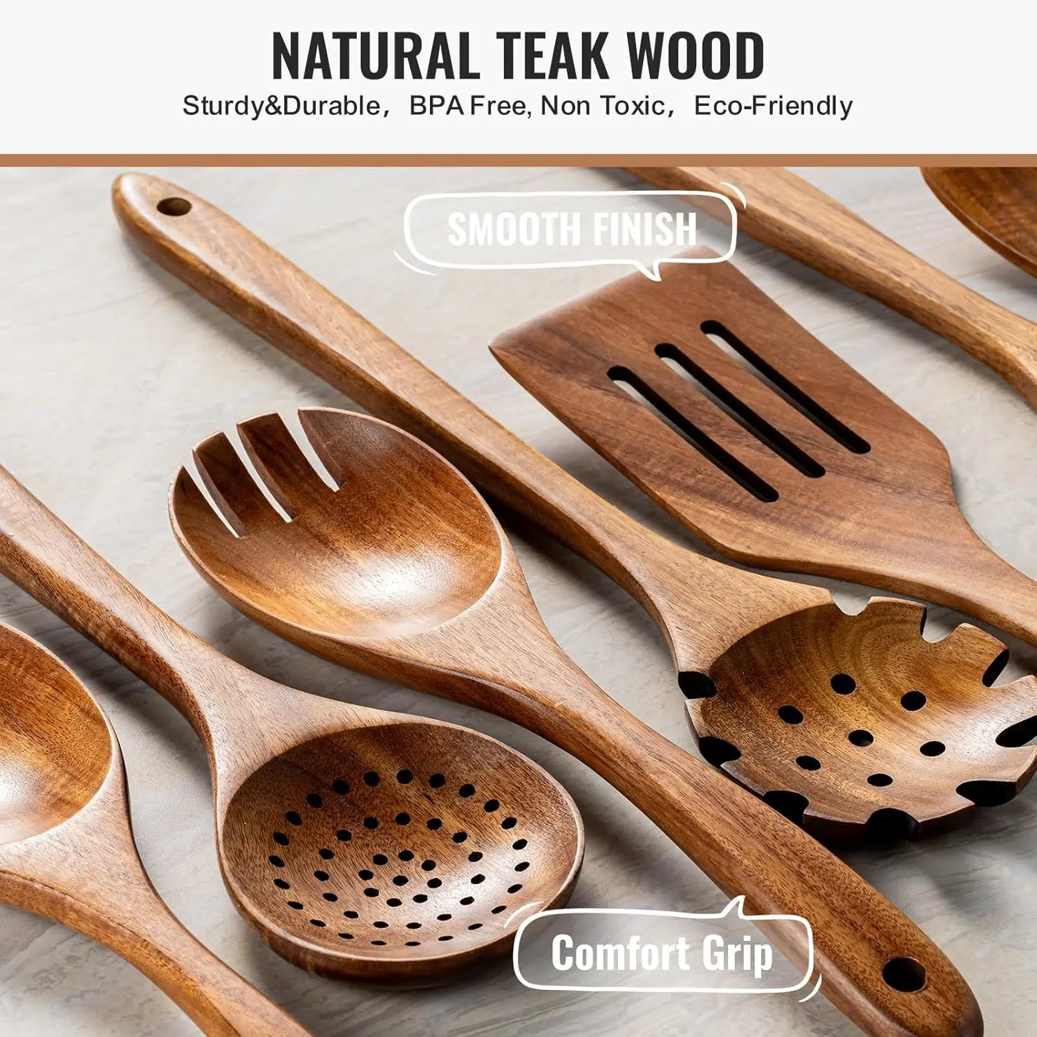 10-Piece Natural Teak Wooden Kitchen Utensil Set, Durable Non-Stick Cooking Spoons with Comfort Grip and Smooth Finish 4