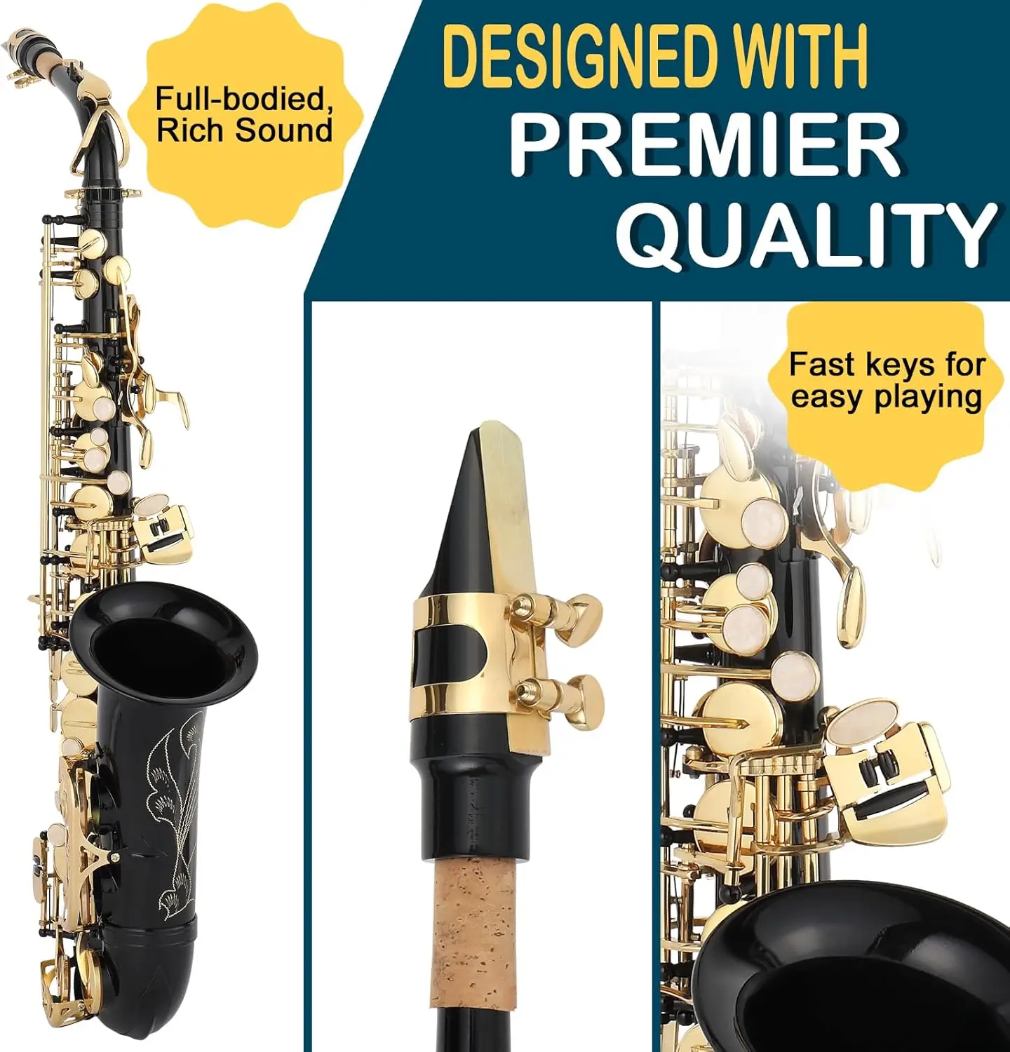 Alto Saxophone Drop E Brass Sax Full Kit for Student Beginners with Carving, Mouthpiece, Carrying Case, Gloves, Cleaning