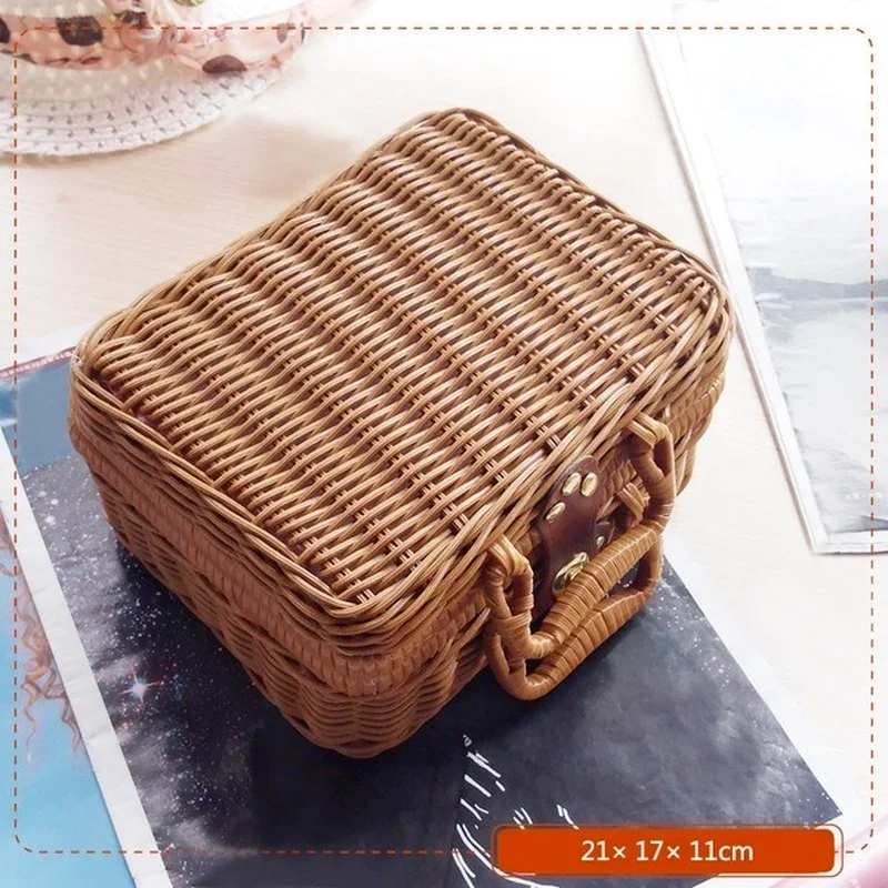 Description Picture 5 of itemRetro PP Imitation Rattan Weaving Picnic Storage Basket Wicker Suitcase Hand Gift Box Woven Cosmetic Sundries Organizer Boxs