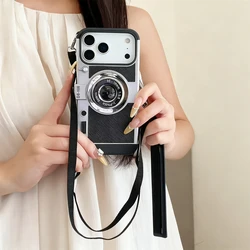 3D Retro Camera Crossbody Phone Case with Shockproof Lanyard - iPhone 15 Plus (Black)