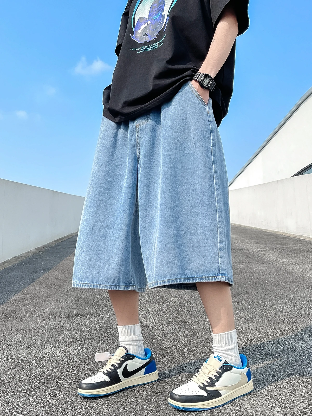 Men's Short Jeans Pants Cargo Loose Baggy Drawstring Male Denim Shorts with Pockets Wide Loose Original Cowboy Buttons A164