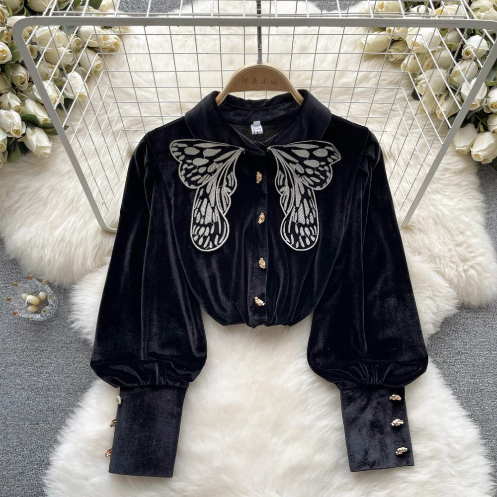

Autumn Blouses For Women Fashion New Retro Bow Embroidered Velvet Designer Clothing All-match Long-sleeved Shirt Women Tops