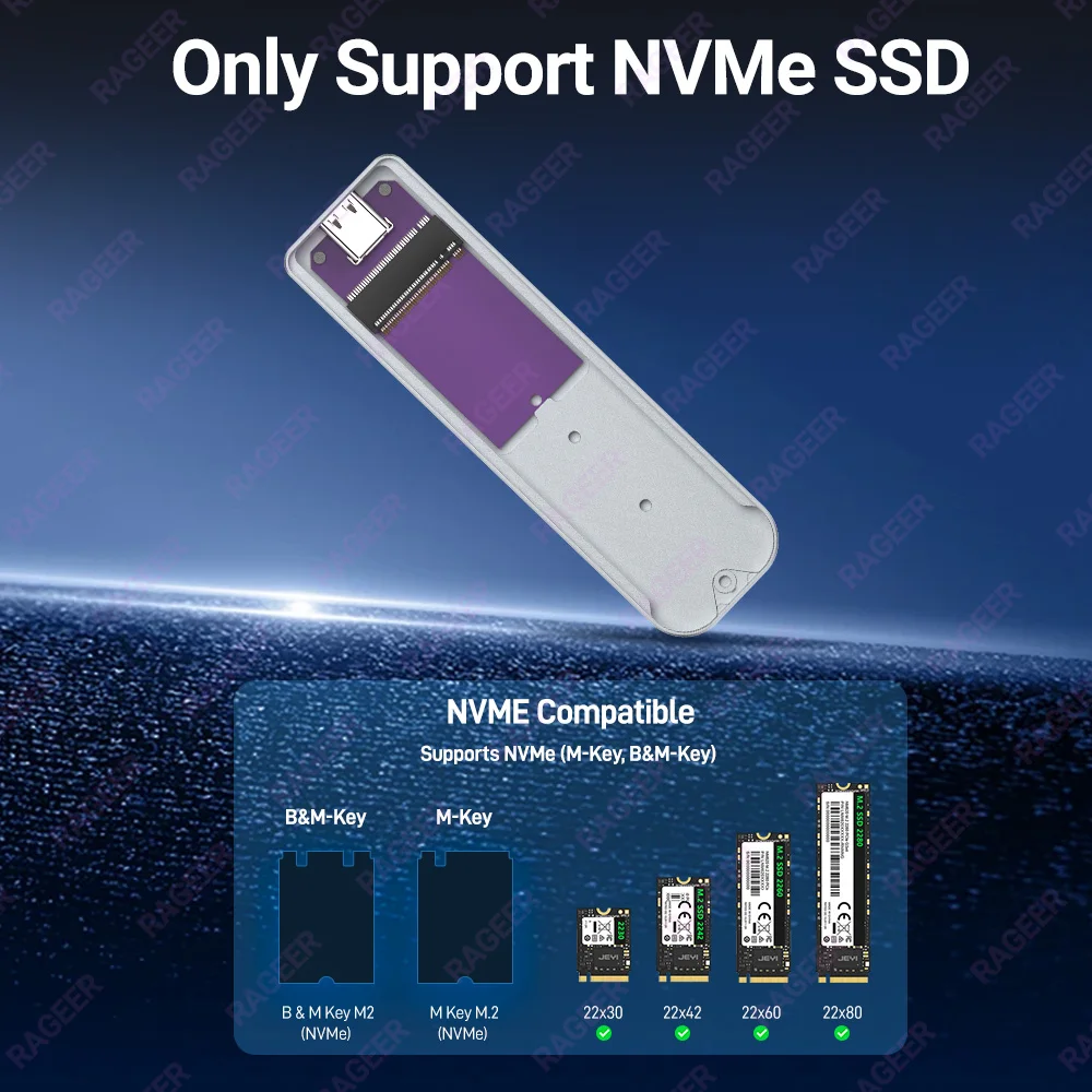 RAGEER M.2 NVMe SSD Enclosure, USB Type C Gen2 10Gbps PCIe SSD Aluminum External Case for NVME PCIE 2280 2260 2242 2230