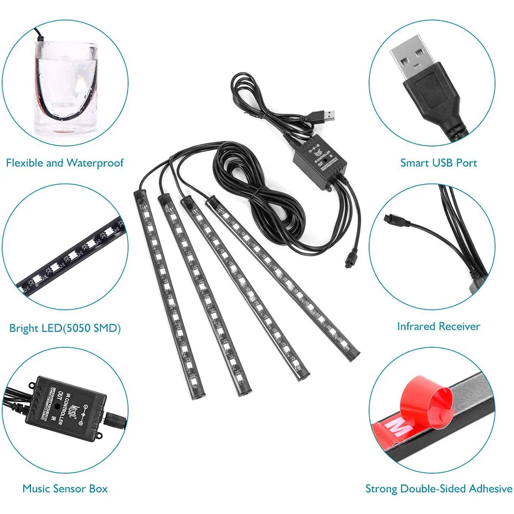 LED Atmosphere Lamp LED Car Lights LED Car Decorative Lights LED Atmosphere Lighting Car Interior Lamp LED Interior Lights LED Car Decoration Lamp Car Ambient Lights LED Lights Neon 48 72 LED Car Interior Ambient Foot Light With USB Wireless Remote Music App Control Auto RGB Atmosphere Decorative Lamps