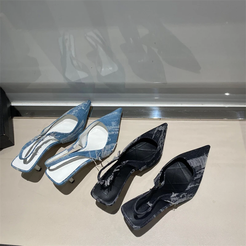

New Denim High-Heeled Shoes Blue Pointed Toe Sandals Women Shoes Heels Sexy Design Sense Niche Half-Capped Rear Strap