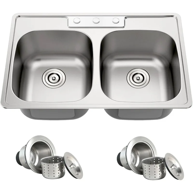 33 Inch Double Bowl Kitchen Sink Topmount 50/50 Drop In 18 Gauge 304 Stainless Steel Sinks with Basket Strainer 33" x 22" x 9" 2