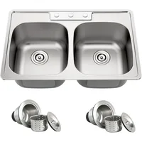 33 Inch Double Bowl Kitchen Sink Topmount 50/50 Drop In 18 Gauge 304 Stainless Steel Sinks with Basket Strainer 33" x 22" x 9" 2