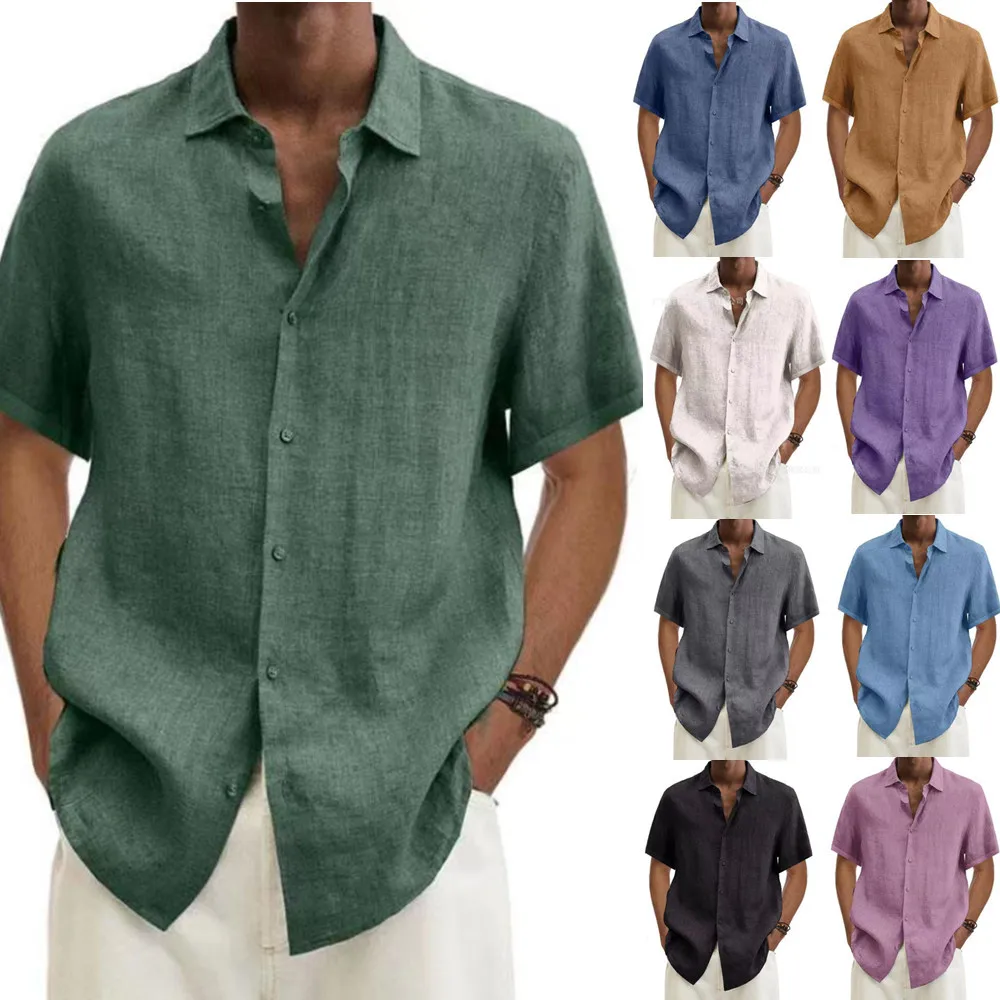 

Summer Solid Color Shirt for Mens Casual Fashion Short Sleeve Tops 2023 Loose Tee Shirt Men Clothing Single Breasted Button Tops