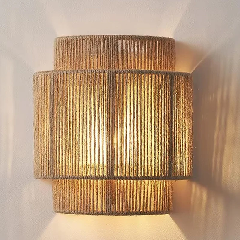 Vintage Retro Rattan E27 Handwoven Hemp Rope Wall Lamp for Bedside Living Room Hallway Stair Indoor Decor Sconce
