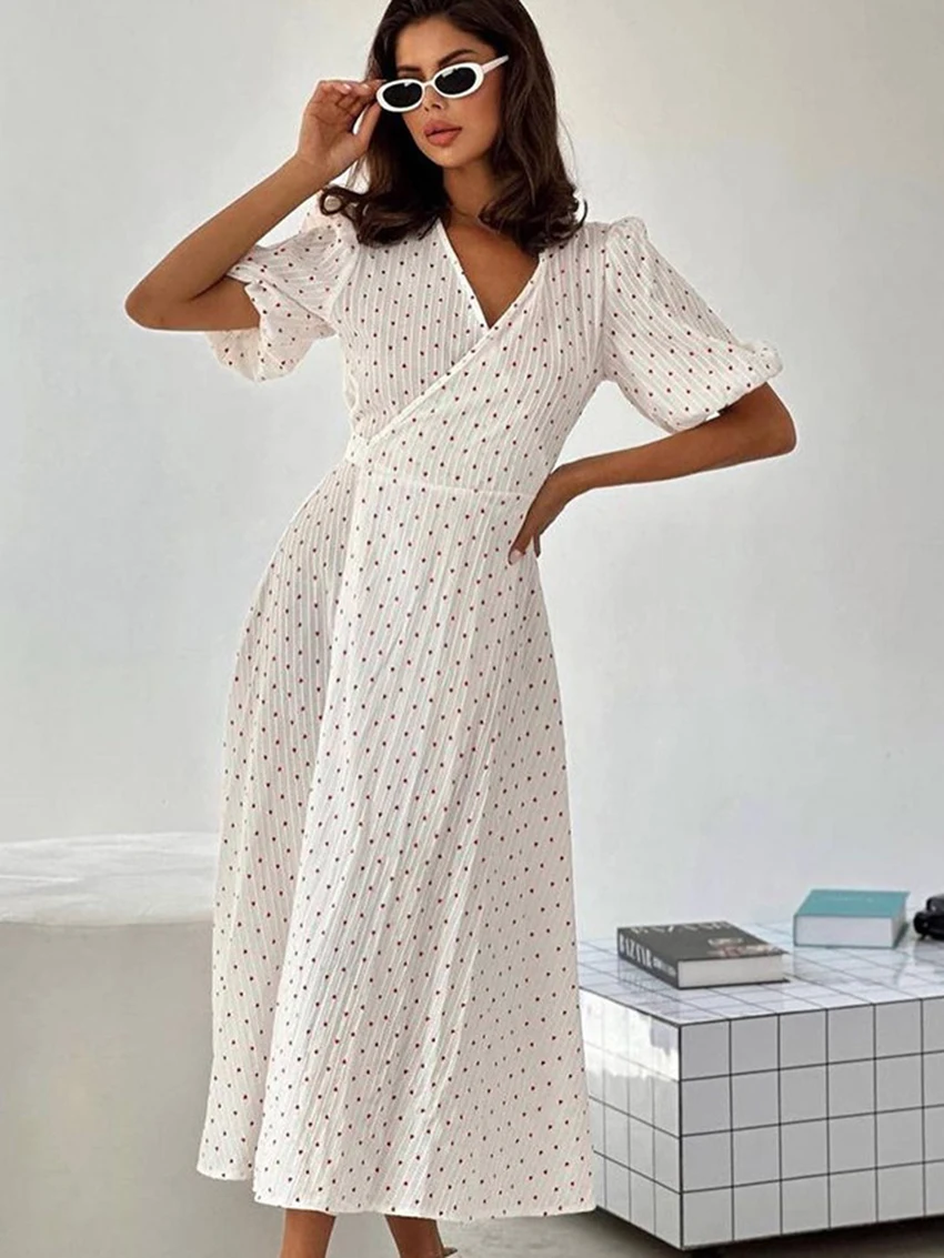 Mathaqiqi Printing Casual Ladies Sleepwear Sexy V-Neck Pajamas Half Sleeve Pyjamas Lace Up Nightwear Mid-Calf Dress Home Clothes