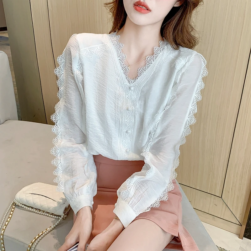 

Elegant Blouse Women Solid V-Neck Long Sleeved Blouses Lace White Female Clothing Solid Button Up Shirt Sweet Casual Women Tops