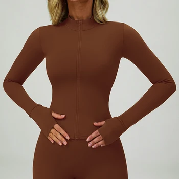 Yoga Wear Women Coat Yoga Shirts Round High Elastic Exercise Yoga Fitness Long Sleeve Stand-up Collar Gym Tops Workout Clothing